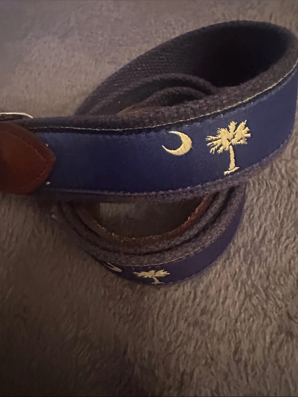 The Belted Cow Co. Men's Embroidered Navy Canvas Belt with Crescent & Palm Tree